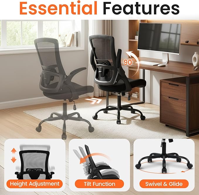 NEO CHAIR Office Chair High Back Desk Mesh Chair Comfy Computer Gaming Seat with Adjustable Ergonomic Lumbar Rolling Flip-up Armrests and Wheels (Black)