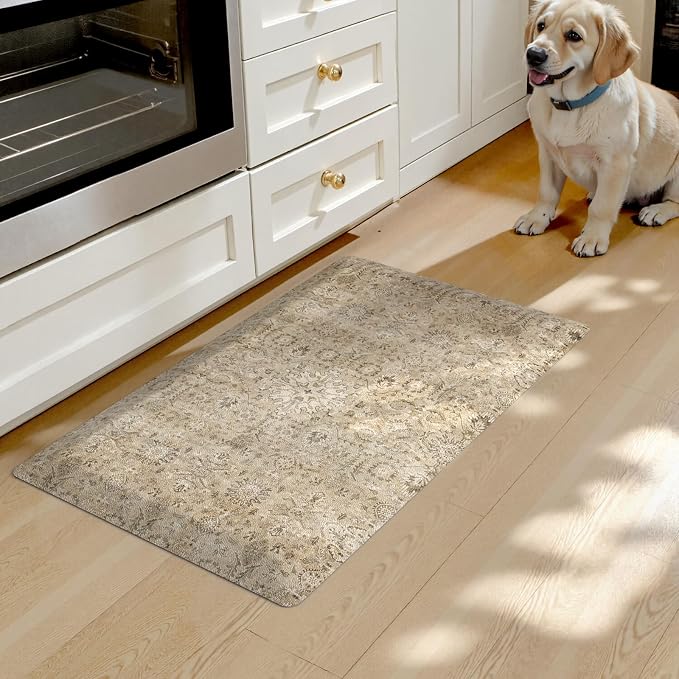 Anti Fatigue Kitchen Mats for Floor, Waterproof Kitchens Sink Rugs Cushioned Comfort Standing Desk Mat, Khaki Vintage Non Slip Floral Foam Rug for Laundry, House, Office, 17.3''x28''