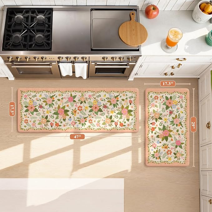 KIMODE Anti Fatigue Kitchen Mats, Padded Kitchen Floor Mats 17"x47"+17"x29" | Farmhouse Kitchen Rugs Sets of 2, Pink Rugs for Kitchen Floor, Cushioned Standing Mat for Laundry Office Bath Sink Desk Dorm