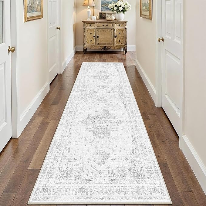 2.6x8 Gray Vintage Runner Rug Hallway Washable Area Rugs Non Slip Boho Medallion Long Rug Distressed Retro Carpet Floral Soft Low Pile Indoor Throw Rug for Kitchen Bedroom Bathroom Dining Room Office