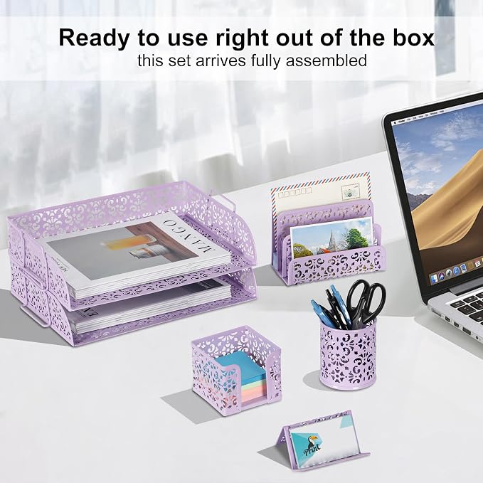 EasyPAG Desk Organizers and Accessories 5 Pieces Office Supplies Set - 2 Tier Paper Tray, Pencil Organizer for Desk, Mail Sorter Countertop, Business Card Holder and Sticky Note Holder, Purple