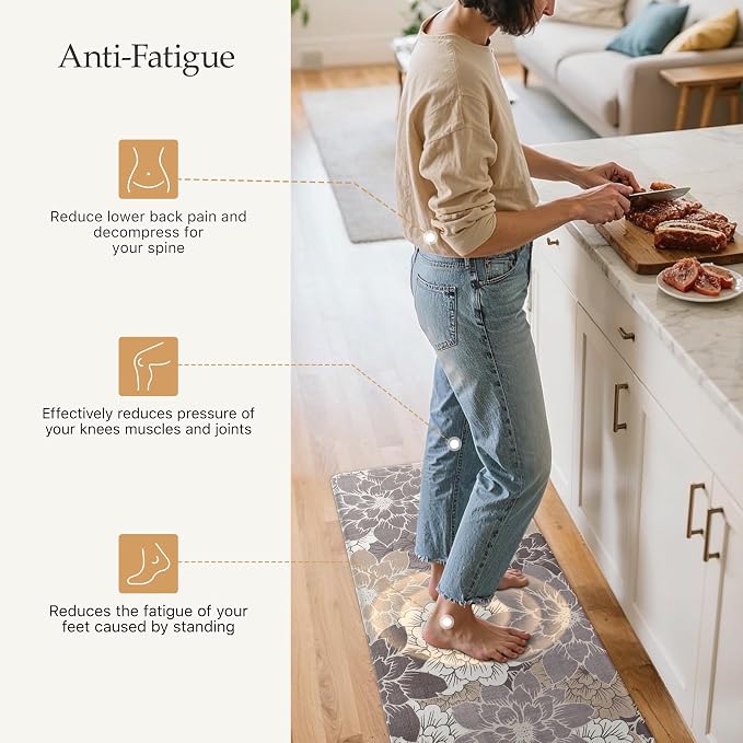 GENIMO Anti Fatigue Kitchen Mats for Floor 2PCS, Cushioned Standing Mats | 17.3"x59"&17.3"x30", Coffee Brown vintage floral rug set, waterproof, non slip, easy-clean for farmhouse
