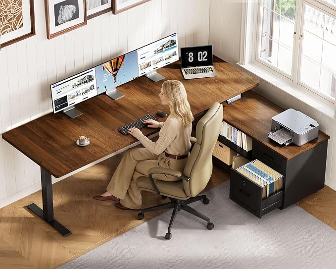 OffiGo 71" L Shaped Electric Standing Desk with File Cabinet, Walnut/Black | Mobile Drawers & File Cabinet for Flexible Layout, Height Adjustable Executive Stand Up Desk for Home Office Workstation