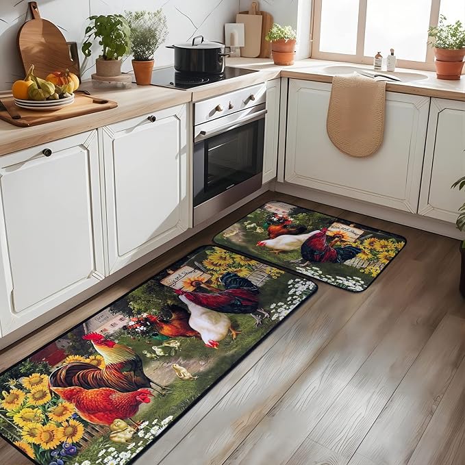 Voanos Rooster Kitchen Rugs,Non Skid Washable Microfiber mats for Kitchen Floor,Farmhouse Sunflower Kitchen Cushioned Runner Rug Decor Sets of 2, Size 17"x 47"+17"x 30"