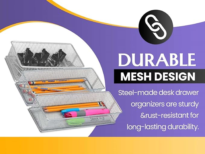 YBM HOME Silver Mesh Drawer Cabinet and or Shelf Organizer Bins, School Supply Holder Office Desktop Organizer Basket (12, 3x6x2 Inch)