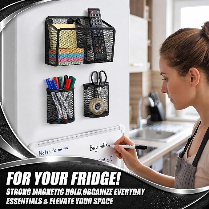 Marspark 3 Pcs Magnetic Pen Holder Set Metal Pencil Holder with Strong Magnets Wire Mesh Storage Basket Organizer for Locker Accessories Whiteboard Refrigerator School Office Dorm (Black)