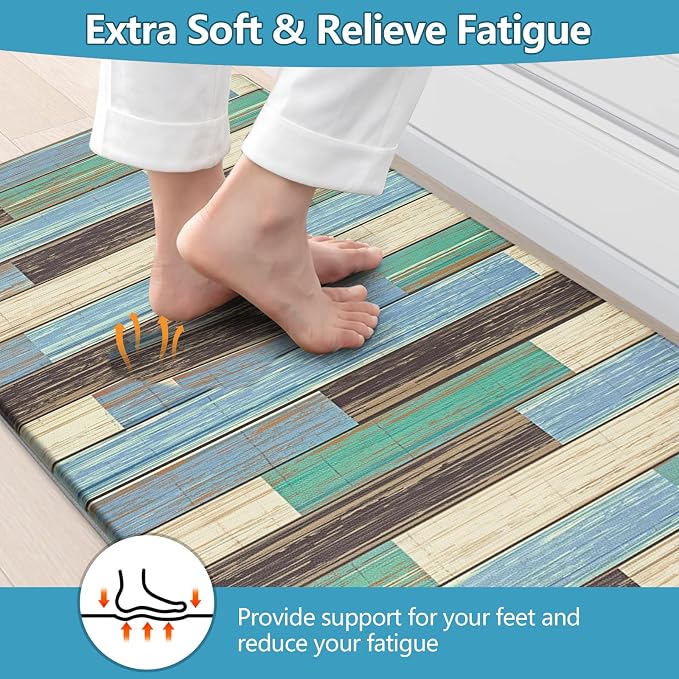 LOKHOM Anti Fatigue Kitchen Mats for Floor, 24x59 Non Slip Modern Cushioned Standing Comfort Kitchen Runner Rug, Waterproof Geometric Patchwork Memory Foam Padded for Sink Laundry Office, Teal