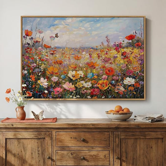 Framed Colorful Floral Botanical Wall Art, Flower Landscape Canvas Prints for Modern Farmhouse, Rustic Natural Wildflower Pictures for Living Room Bedroom Dining Room Office Wall Decor, 24x36 Inch