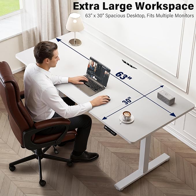Electric Standing Desk, 63 x 30 Inch, White | Extra Large Desktop, Adjustable Height, Sit to Stand, Home Office Workstation, Supports Dual & Triple Monitor