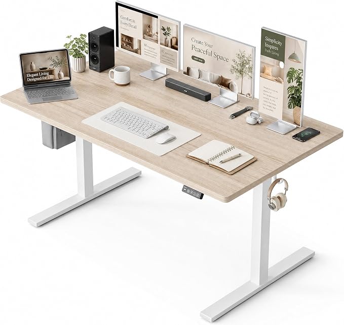 Grandder 47x32 Large Electric Standing Desk, Height Adjustable Computer Desk with 2 Memory Presets, 31.5" Deep Desktop Sit Stand Desk Home Office Desk Workstation Table with Hooks, Light Walnut