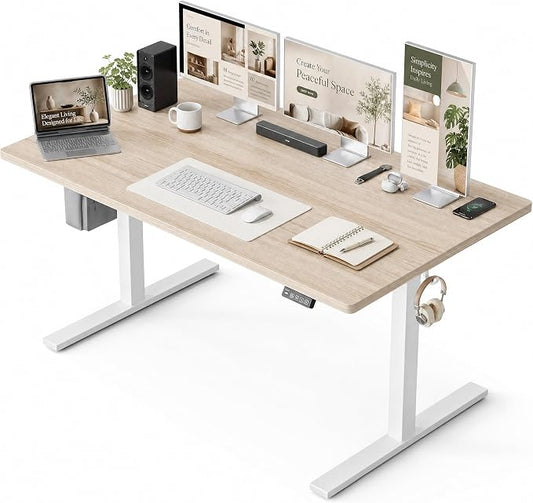 Grandder 55x32 Large Electric Standing Desk, Height Adjustable Computer Desk with 2 Memory Presets, 31.5" Deep Desktop Sit Stand Desk Home Office Desk Workstation Table with Hooks, Light Walnut
