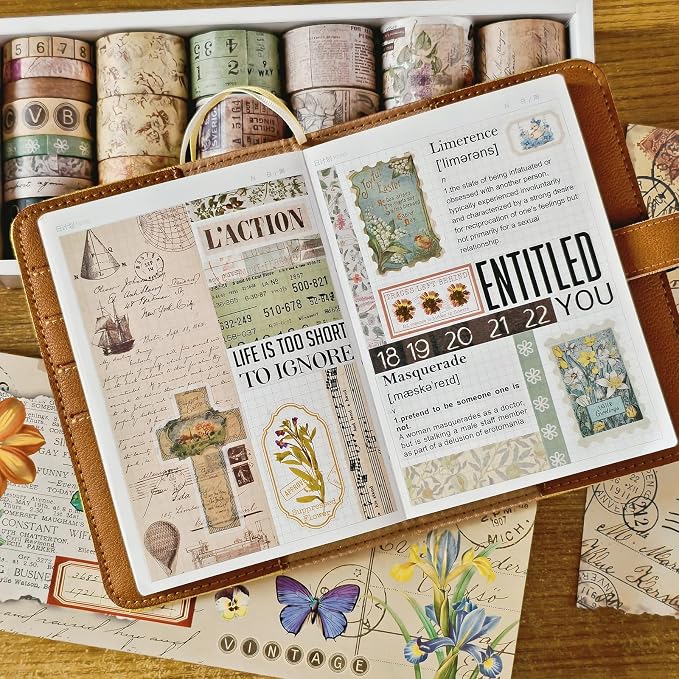 Bomichi 32 Roll Vintage Washi Tape Set Decorative Masking Paper Rainbow Colors Aesthetic Adhesive Ribbon Scrapbook Junk Journal Bullet Planner Diary DIY Craft Card Making Gift Wrapping Supplies
