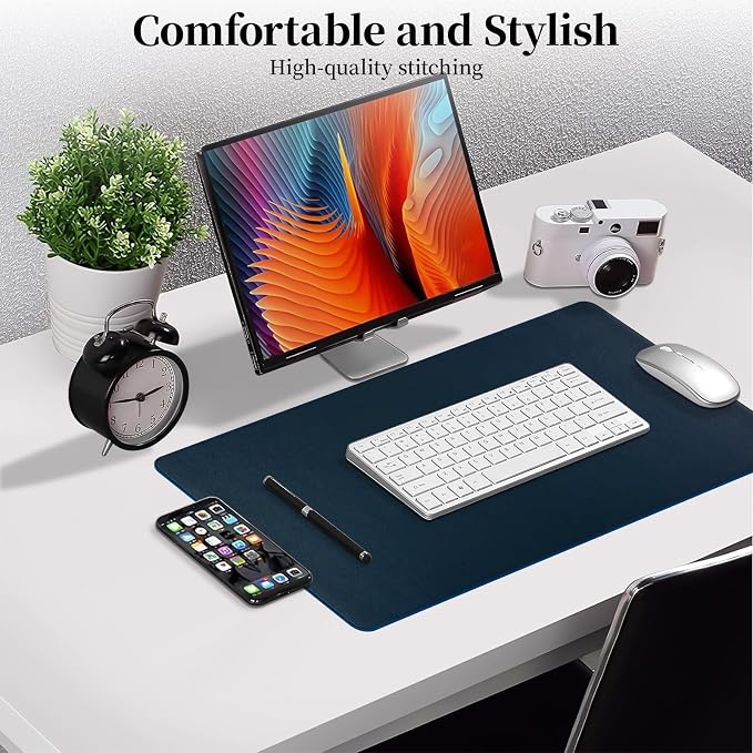 Dark Blue Leather Desk Pad Large Mouse Pad, 23.6"x13.8" | Waterproof Desk Mat for Keyboard and Mouse, Non-Slip Computer Desk Protector, Smooth Mouse Control for Home Office