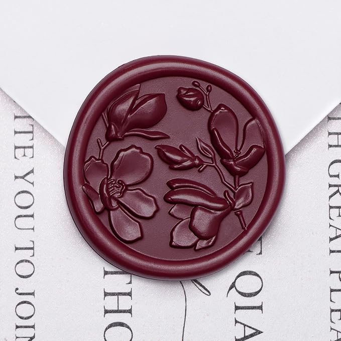 UNIQOOO Wax Seal Stickers - 3D Magnolia Wedding Invitation Envelope Botanical Seal Stickers, 50 Pcs Self- Adhesive Deep Burgendy Red Stickers, Perfect for Invitation, Christmas, Gift Wrapping, Party