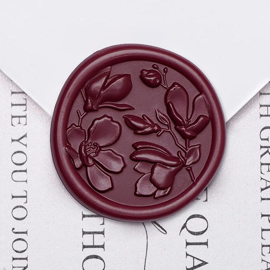 UNIQOOO Wax Seal Stickers - 3D Magnolia Wedding Invitation Envelope Botanical Seal Stickers, 50 Pcs Self- Adhesive Deep Burgendy Red Stickers, Perfect for Invitation, Christmas, Gift Wrapping, Party