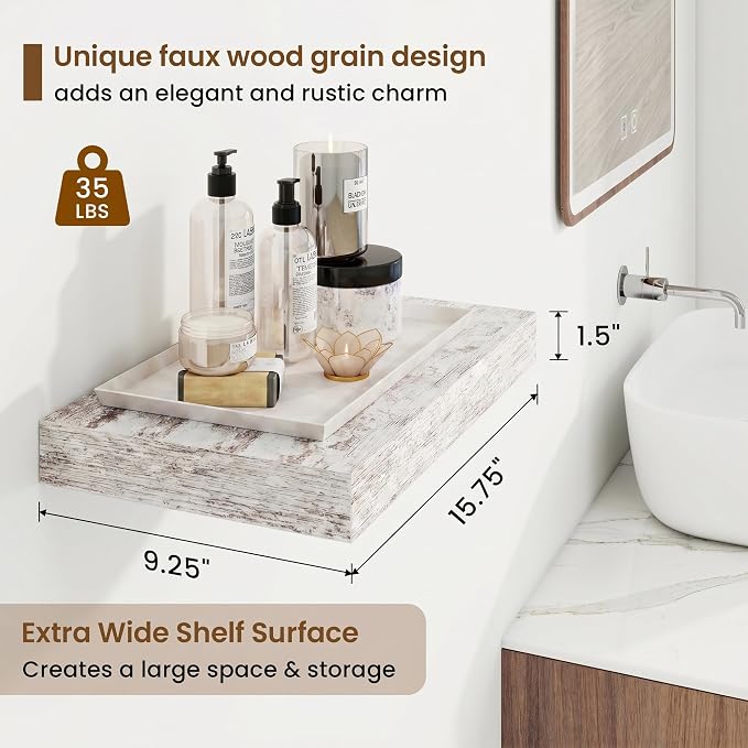 16in Floating Shelves for Wall, 16"W x 9.25"D x 1.25"H, 2 Pack Long Wall Mounted Engineered Wood Shelves with Invisible Brackets for Living Room, Bedroom, Bathroom, Kitchen, Vintage White