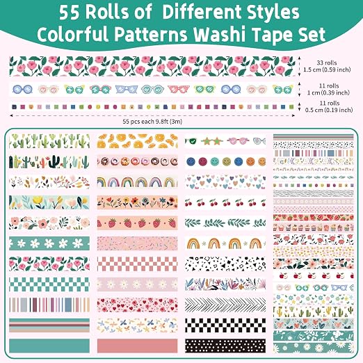 Mooker 55 Rolls Holiday Washi Tape Set - Decorative Tape Seasonal Bohemian Colored Tape, Cute Washi Tapes for Journaling Supplies, Scrapbooking Supplies kit, Summer Scrapbook Supplies