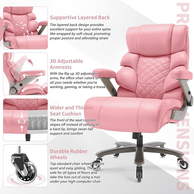 VUZI 700lbs Big and Tall Office Chair, Large Executive Leather Desk Chair | Adjustable Lumbar Support for Back Pain, Plus Size Wheels, 3D Flip Arms, Heavy Duty Metal Base, Wide Seat Computer Chair