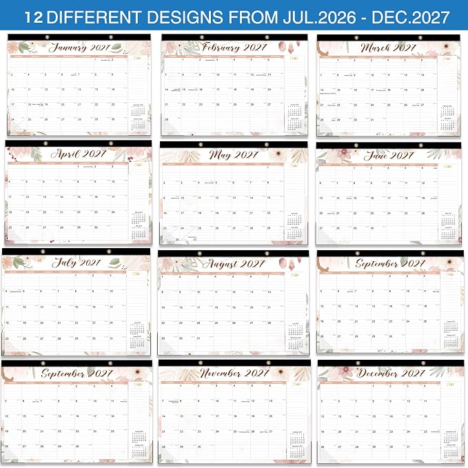 2026-2027 Desk Calendar - 18 Month Desk Calendar 2026-2027, Jul 2026 - Dec 2027, 17" x 12", Large Monthly Desktop Calendar with Daily Blocks, Thick Paper, Corner Protectors - Floral (2 Stickers Included)
