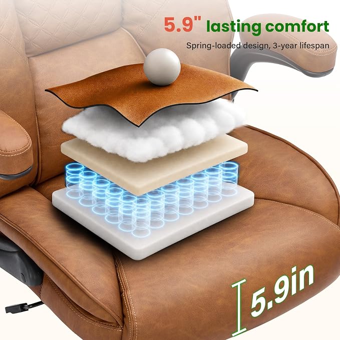 CIOMAN 500lbs Big and Tall Office Chair with Inflatable Lumbar Support, Rubber Wheels Executive Chair with Rocking Function, High Back Wide Cushion Ergonomic Desk Chair for All-Day Sitting,Brown
