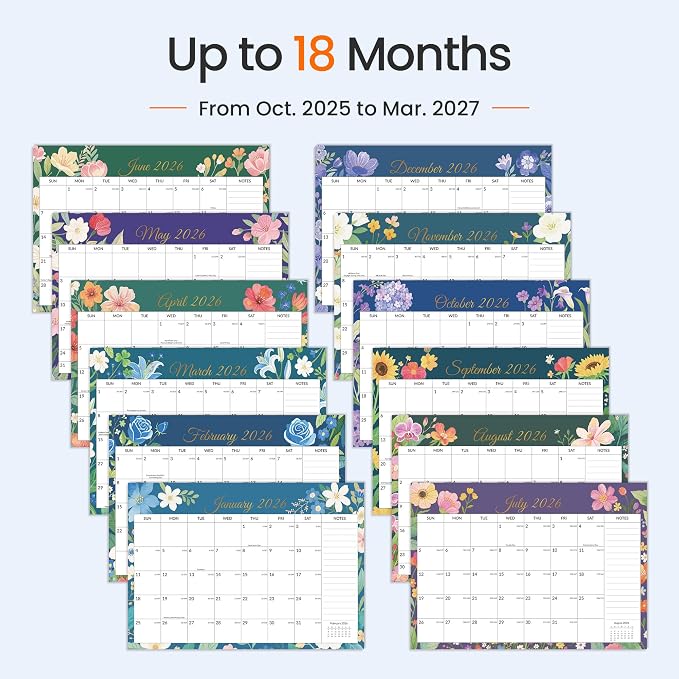 SUNEE Desk Calendar 2026-18 Month Calendar Oct 2025 - Mar 2027, 17" x 12" Calendar 2026 with Notes, for Planning, Organizing in Family, School or Office - Colorful Floral 2026 Calendar