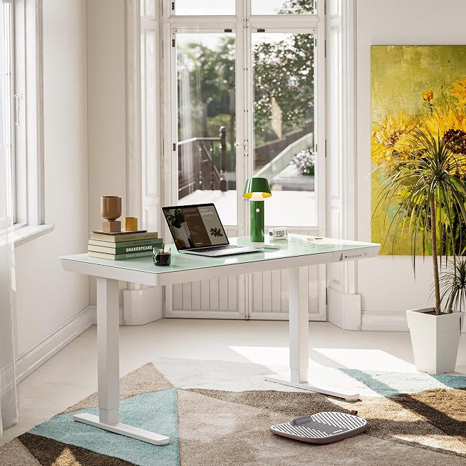 FEZIBO 55 × 24 Electric Standing Desk with Drawers, Whole-Piece Glass Adjustable Height Desk, One-Piece Quick Install Adjustable Sit Stand Desk, White