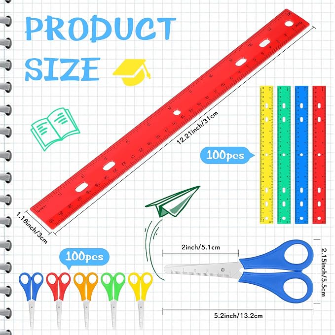 PerKoop 200 Pcs School Supplies with 100 Pcs Safety Blunt Tip Student Scissors 100 Pcs 12 Inch Plastic Rulers Back to School Supply Kit for Operation Christmas Charity Donation Supplies (Bright Color)