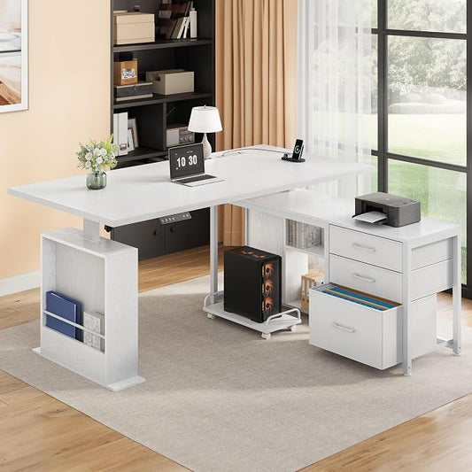 63 Inch L Shaped Desk with 3 Drawers Electric Standing Desks with Storage Computer Table Adjustable Height with Power Outlets 4 Memory Presets for Home Office, White
