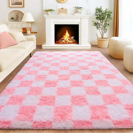 Area Rugs for Living Room 6x9, Ultra Fluffy Checkered Rug Fuzzy Shag Shaggy Carpets for Bedroom, Modern Non-Slip Indoor Soft Plush Furry Rug for Boy Girls Room Dorm Home Decor, Pink and White
