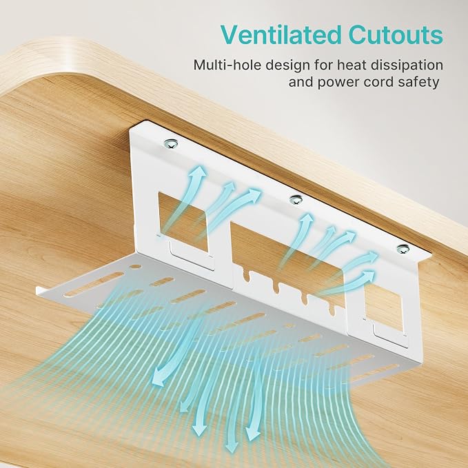 Under Desk Cable Management Tray, 15.7'' Screw-Mount Steel Rack | Metal Cord Organizer for Power Strips, Chargers, Reversible Installation, Effortless Wire Management for Home Office, White
