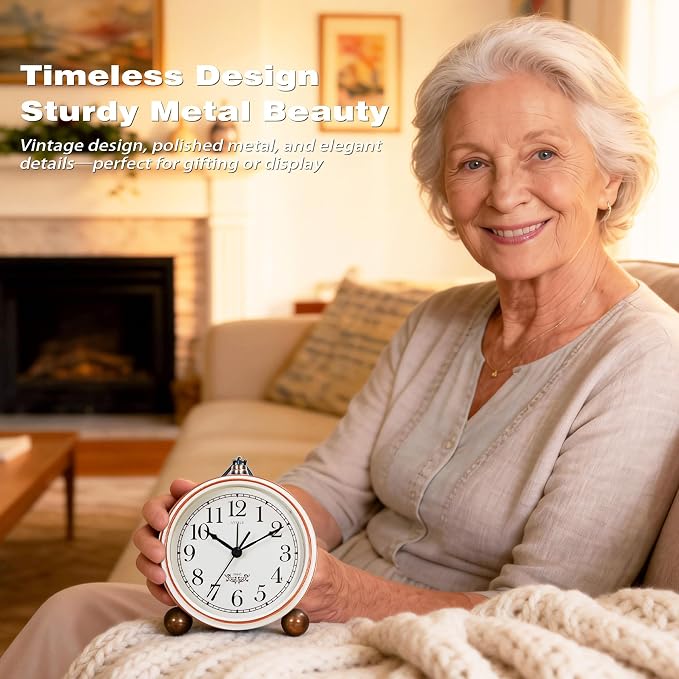 AYRELY® 5.3" Vintage Metal Analog Alarm Clock, Retro Desk and Table Clock | Antique Battery Operated Clock with Light, Elegant Bedside Gift for Bedrooms, Living Rooms, Shellf and Home Decor (White)
