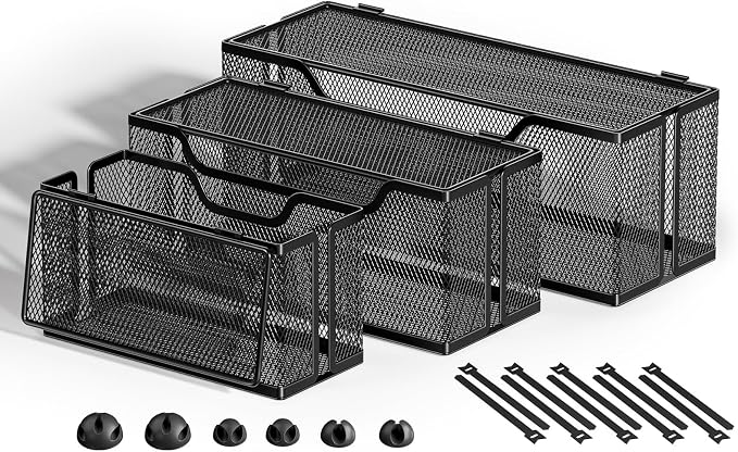Marbrasse 3 Pack Cable Management Box, Metal Mesh Cord Organizer Box for TV Wires, Electrical Hiding, Power Strip – Under Desk Cable Storage Box with Cable Clips&Reusable Cable Ties for Home/Office