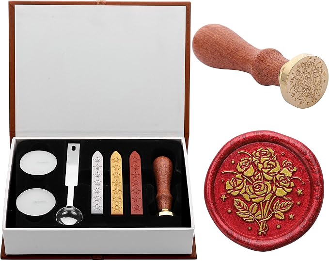 Yoption Retro Rose Bouquet Wax Seal Stamp with Sealing Wax Sticks Gift Box Set for Wedding, Party Invitations, Christmas, Mother's Day, Graduation