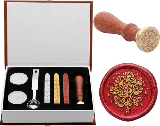 Yoption Retro Rose Bouquet Wax Seal Stamp with Sealing Wax Sticks Gift Box Set for Wedding, Party Invitations, Christmas, Mother's Day, Graduation