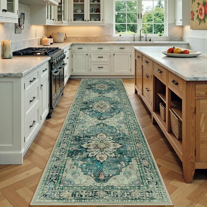 RELEANY Area Rugs Runner 3'x9' Washable Non-Slip, Floral Vintage Distress Medallion Carpet for Kitchen Hallway Bedroom Beside Laundry Room Bathroom, Dark Blue Vintage