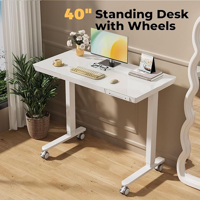 Glass Electric Standing Desk with Drawer, 40" x 20" Whole Piece Samll Sit Stand Table, Height Adjustable Desk with Storage & USB Ports, Quick Install Home Office Computer Desk, White