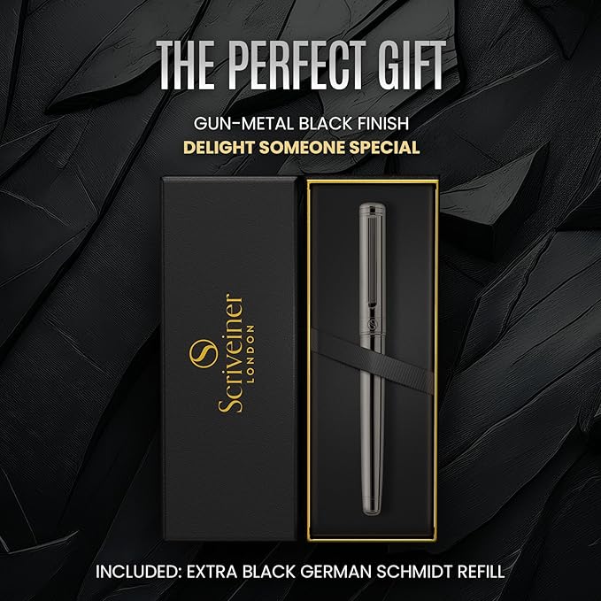 Scriveiner Gun-Metal Rollerball Pen - Stunning Luxury Pen, Schmidt Ink Refill, Best Roller Ball Gift Set for Men & Women, Professional, Executive Office, Nice Pens
