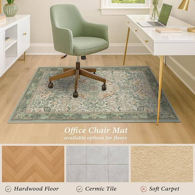Vintage Farmhouse Office Chair Mat for Hard Wood Floors, Anti-Slip Floral Bird Floor Protector for Heavy Duty Computer Chair, 48"x60" Low Pile Under Desk Rug, Sage Nature Botanical Indoor Décor