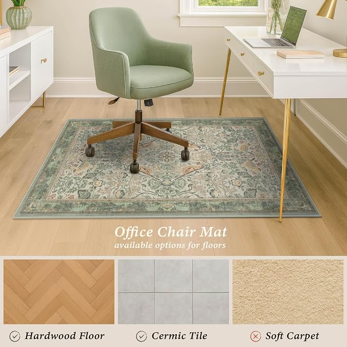 Sage Green 3x4 Office Chair Mat for Hard Wood & Tile Floor, Small Botanical 36"x48" Low Pile Computer Chair Area Rug for Comfort and Floor Protection, Washable Under Desk Rug, Non Slip Rubber Backing