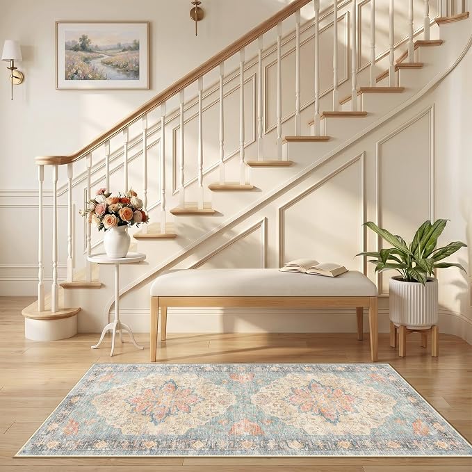 RELEANY Area Rugs Runner 2'6"x5' Washable Non-Slip, Floral Vintage Distress Medallion Carpet for Kitchen Hallway Bedroom Beside Laundry Room Bathroom, Blue Orange Red