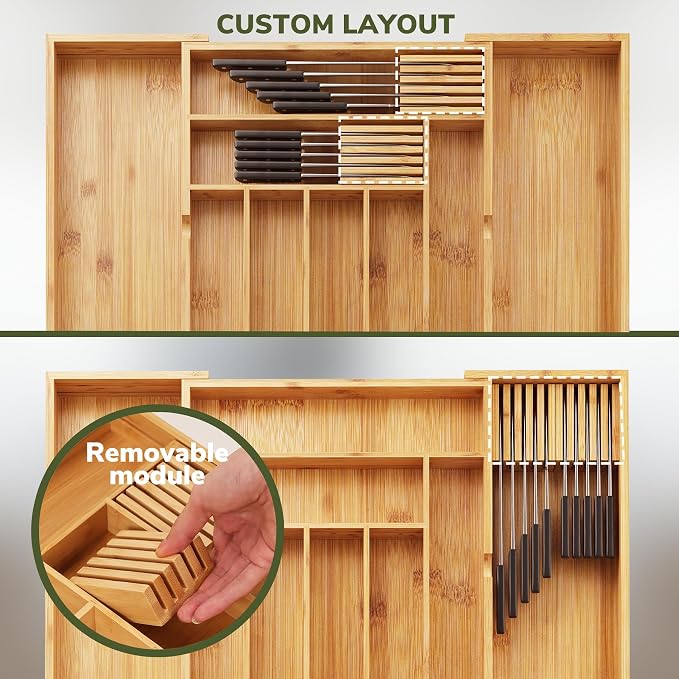 BAMEOS Bamboo Drawer Organizer Expandable Kitchen Silverware Organizer with 7-9 Deep Compartments, Bamboo Reinforced Cutlery Tray, Adjustable Utensil Holder for Kitchen(16.1"-22.4" Wide, Natural)