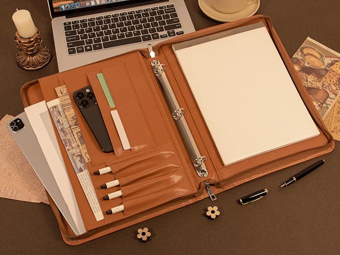 AZXCG Zipper Portfolio Padfolio Binder,3 Ring Padfolio for Women and Men,Business Portfolio Organizer for Women with A4 Writing Pad Holder,Business Portfolio for Meeting,Gift for Father's Day