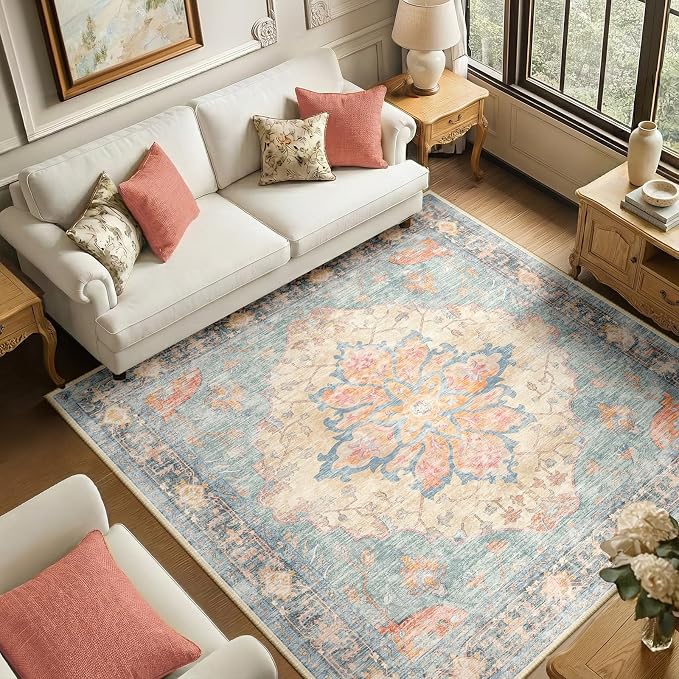 RELEANY Area Rugs Square 6ft Washable Non-Slip, Floral Vintage Distress Medallion Carpet for Living Room Bedroom Dining Room, Blue Orange Red