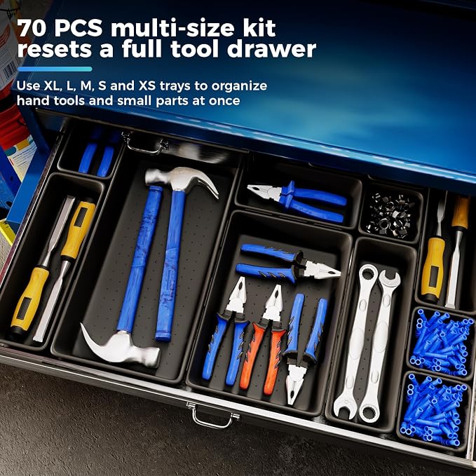 70 PCS Tool Box Organizer Tray & Desk Drawer Organizer Set, 5 Size Interlocking Bins for Garage Tool Storage, Mechanic Tool Chest, Rolling Cart, Workbench Drawers with EVA Non Slip Pads