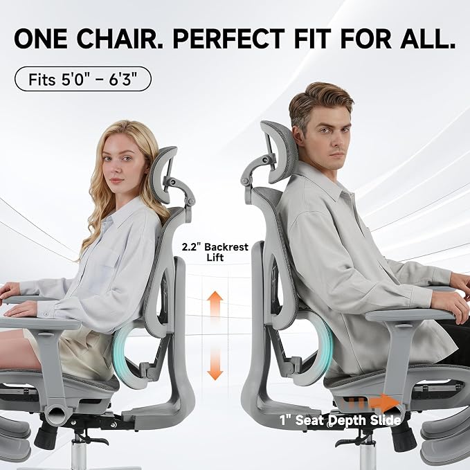 Korser Ergonomic Mesh Office Chair with Footrest, Big and Tall Desk Chair with 4D Flip-Up Arms, Auto-Tracking Lumbar Support, 3D Headrest, High Back Computer Gaming Chair for Home Office, Grey