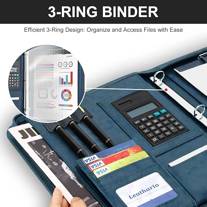 Leathario Portfolio Binder, 3-Ring Folder Organizer, Includes 5 Sheet Protectors and a Pen, Vegan Leather A4 Padfolio for Tablets, Business Conferences Professional Document Organizer