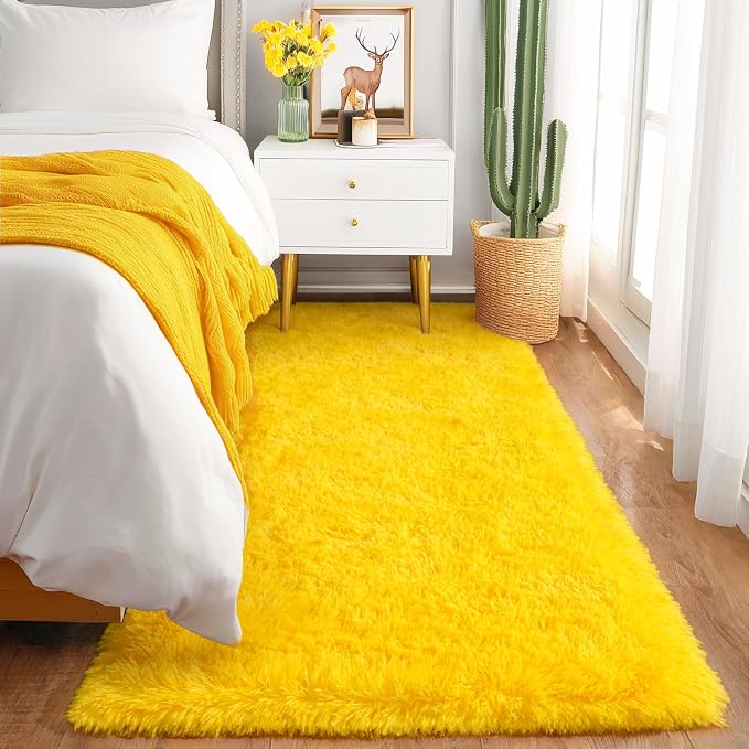 Fluffy Soft Runner Rug for Bedroom Hallways, 2x6 Area Rugs for Living Room, Modern Shaggy Carpets Fuzzy Rug for Boys Girls Dorm Nursery Home Decor Aesthetic, Upgrade Non-Slip Durable, Yellow