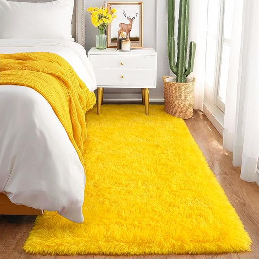 Fluffy Soft Runner Rug for Bedroom Hallways, 2x6 Area Rugs for Living Room, Modern Shaggy Carpets Fuzzy Rug for Boys Girls Dorm Nursery Home Decor Aesthetic, Upgrade Non-Slip Durable, Yellow