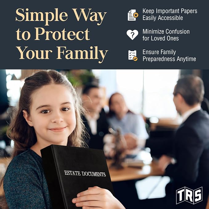 TRS Estate Planning Binder Kit – Pre-Labeled Tabs, Sheet Protectors | 1.5" D-Ring Faux Leather Organizer for Wills, Trusts, Power of Attorney & End-of-Life Planning | Black with Silver
