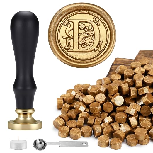 Yoption Traditional Initial Alphabet Wax Seal Stamp with 120 Antique Gold Wax Seal Beads Kit for Wedding Engagement Party Invitation Envelope Christmas Gift Wrap - Letter D